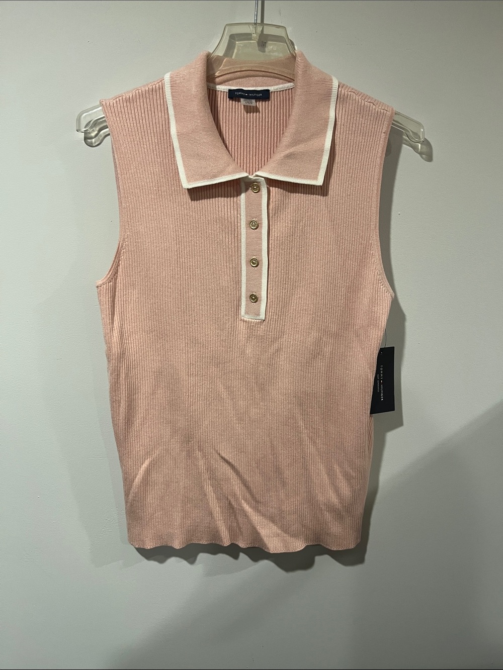 Tommy Hilfiger Pink Sleeveless Ribbed Polo Tank with White Trim